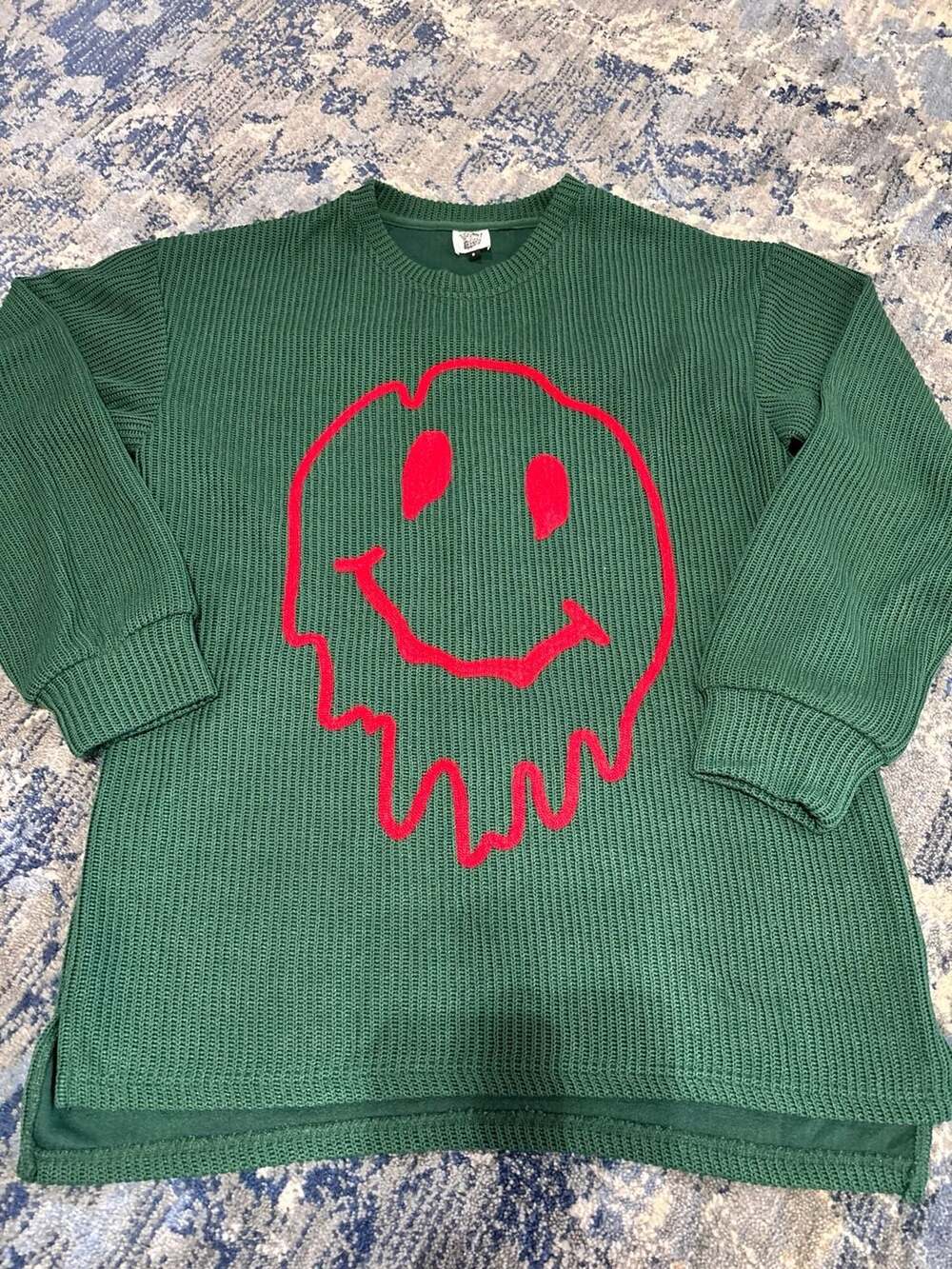 Adorable Sweater Size S Green Drip Smiley Face Knit Pullover